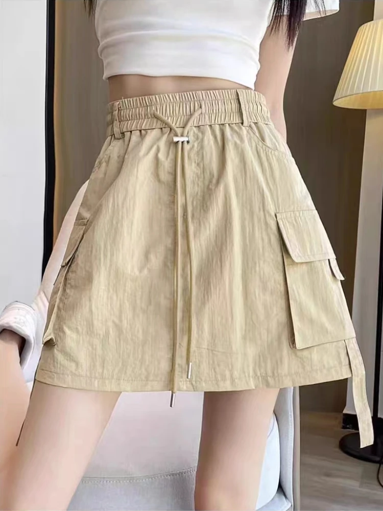 Solid Slim Lace-Up Pockets Casual Mini Skirt Summer Kawaii Office Lady Skirts Spring Korean Fashion Black Faldas Womens Clothing