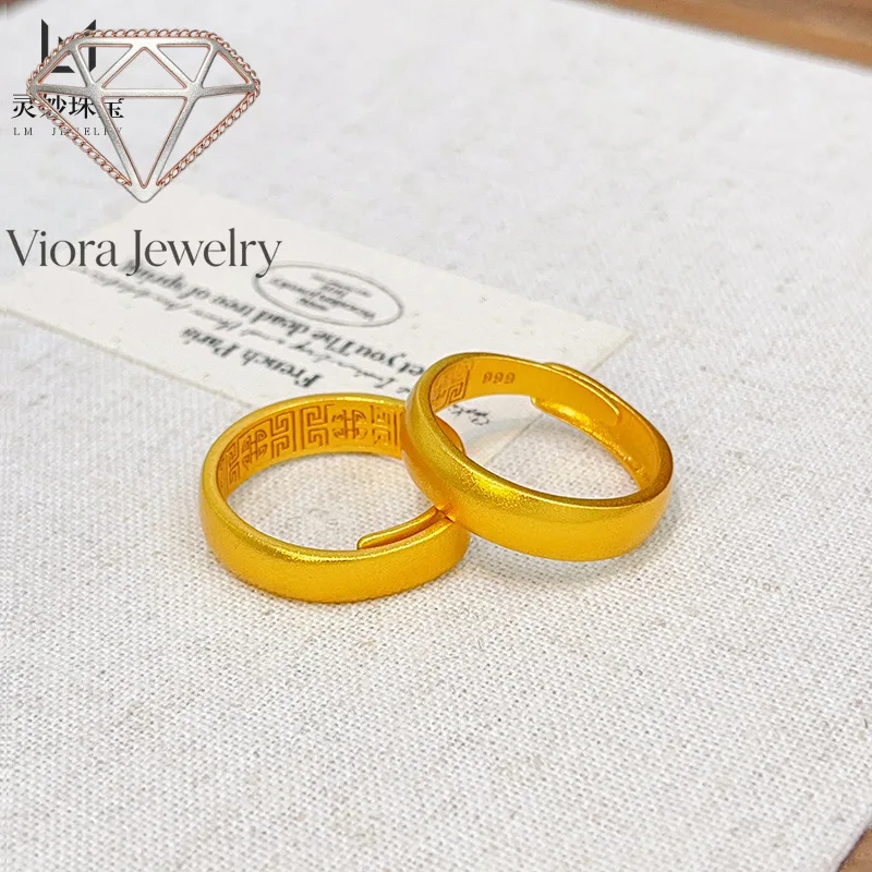 Viora Jewelry Ancient method 24K real gold 999 matte wide face back pattern ring solid pure opening ring simple fashion gift for