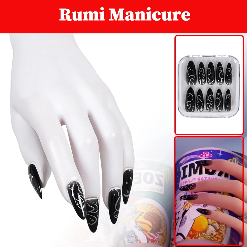 

KPOP Demons Hunter Rumi Маникюр Косплей Красота ногтей Костюм Реквизит Аксессуары Женщины Ролевая игра Nail Art Black Nailart Хэллоуин