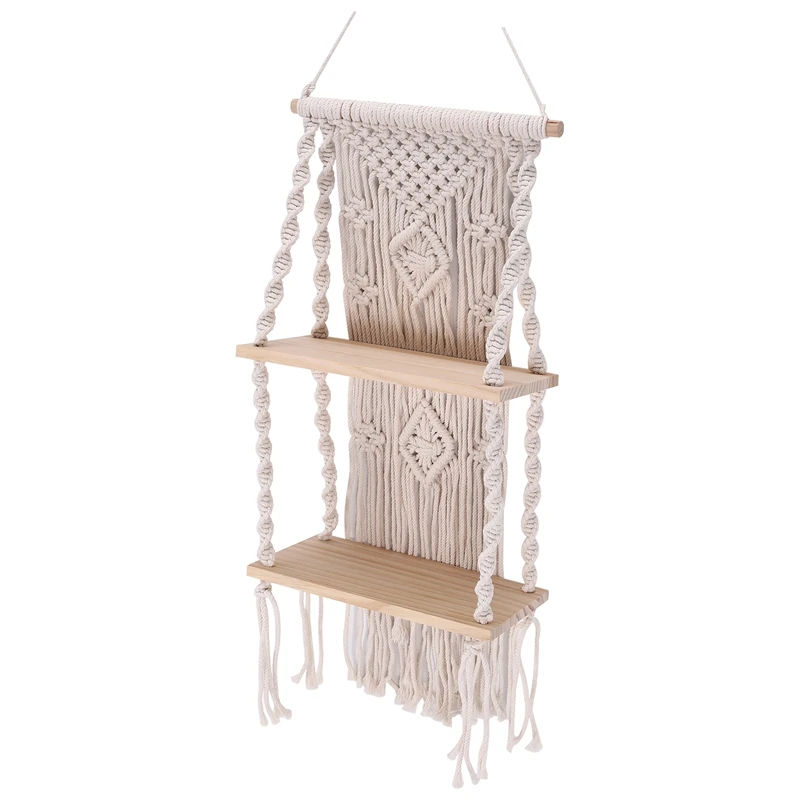 

A25F-Handmade Tassel Macrame Wall Hanging Shelf Boho Cotton Rope Woven Tapestry Plant Hanger Floating Shelf Home Room Decor