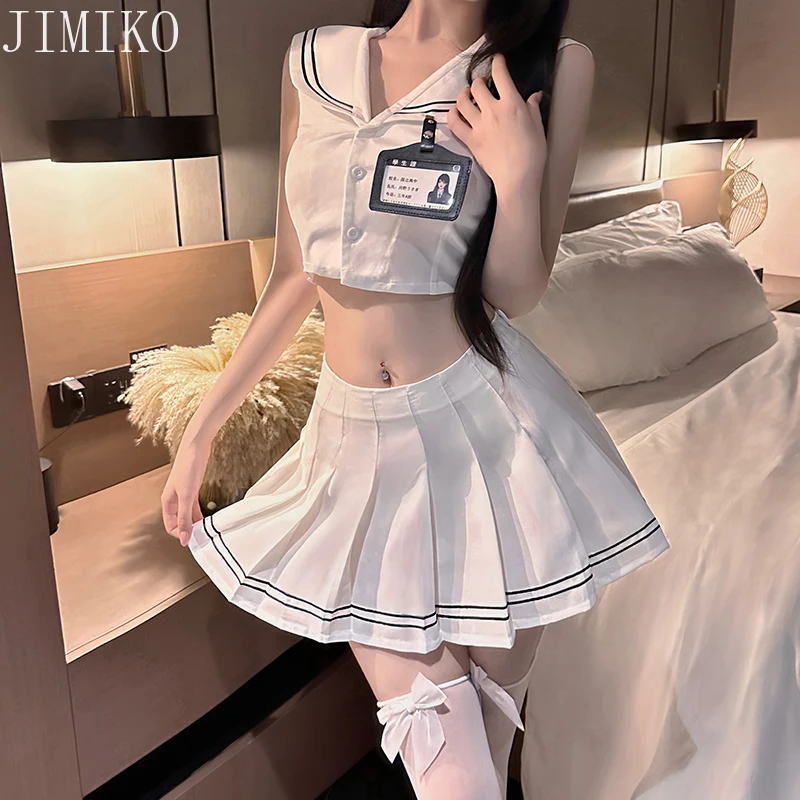 

JIMIKO White Schoolgirl Uniforms Female Role Playing Costume Adult Game Costumes jk Outfits Sleeveless Top Pleated Skirt Set