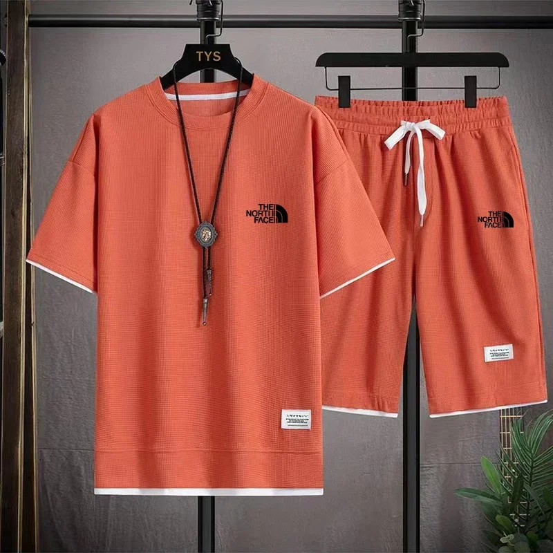 2025 Summer Men's fashion breathable short-sleeved T-shirt + jogging Shorts two-piece fitness training suit Casual set