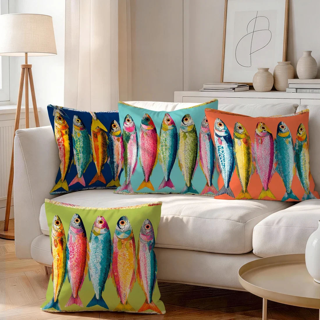Retro Color Art Fish Cushions Pillowcase Polyester Cushion Cover Throw Pillow Pillowcover Home Car Sofa Decor