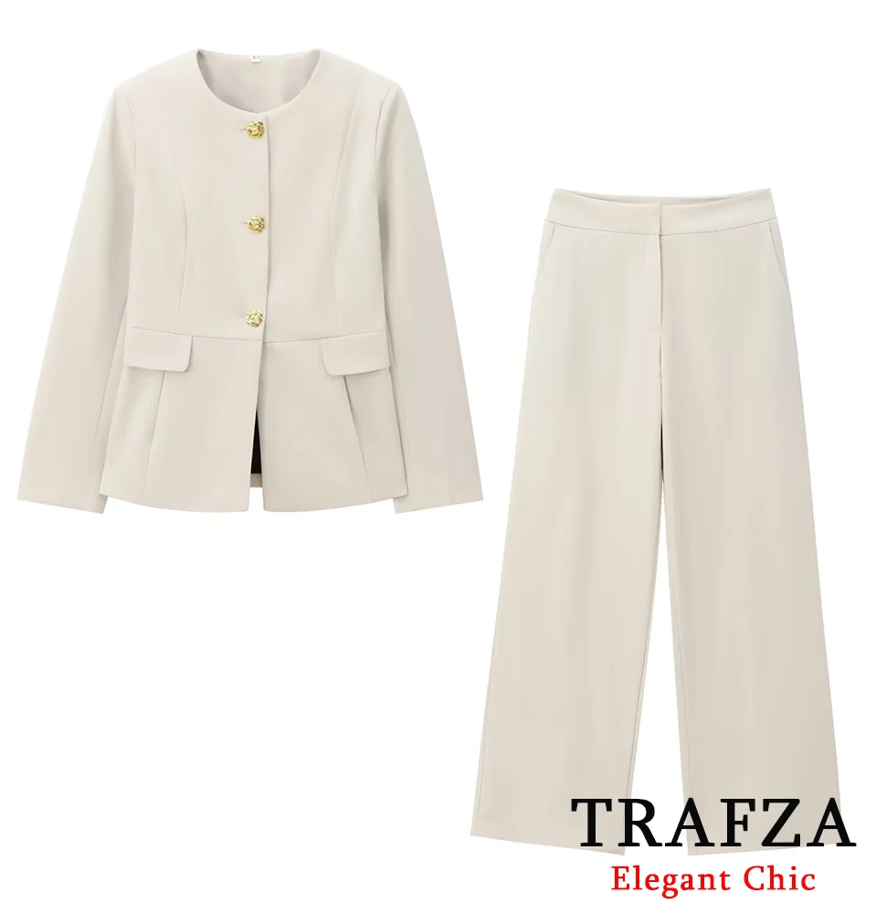 

TRAFZA-Women Elegant Set Button O-neck Slim Coat+Mid-waist Straight-leg Pant 2 Pieces Set New 2024 Fall Office Lady Commuter Set