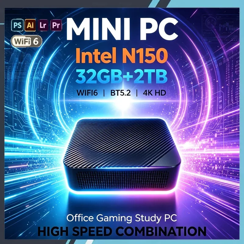 New Mini PC Computer Intel N150 Windows 11 Pro Desktop Gaming PC 16GB RAM 1TB 2TB M.2 SSD WiFi6 BT5.2 Type-C Portable PC Gamer