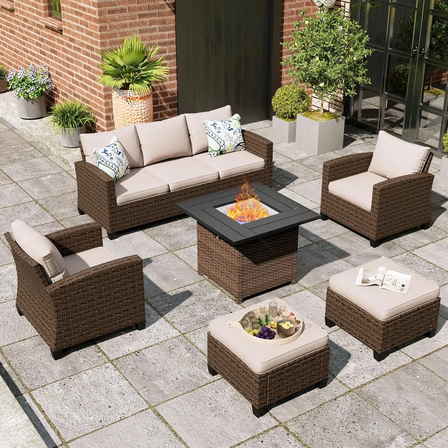 Patio Furniture Set, 6 Pcs Wicker Outdoor Conversation Set, 2 X Single Chairs, 1 X 3 Seater Sofa And 2 X Ottoman With 4