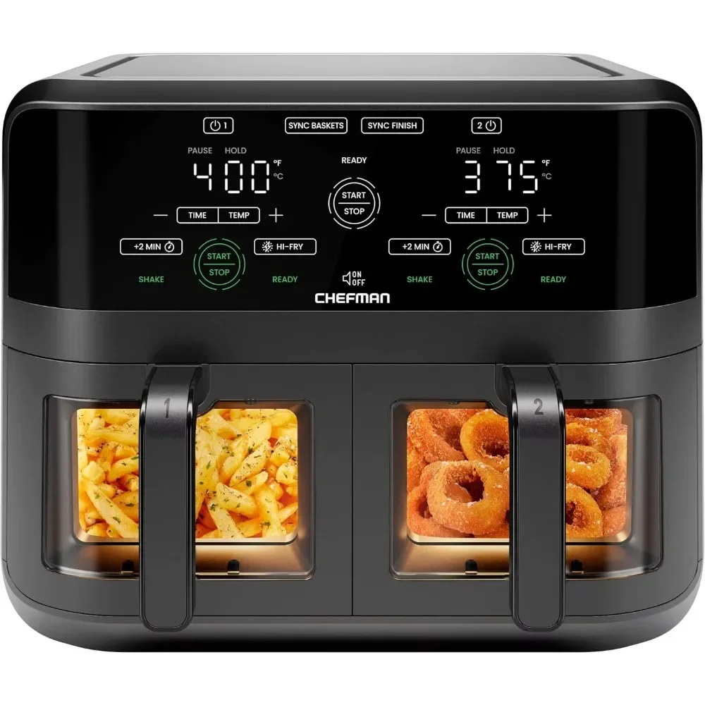 6 Quart Dual Basket Air Fryer Oven with Easy View Windows, Sync Finish, Hi-Fry, Auto Shutoff, Digital Double Air Fryer - Black