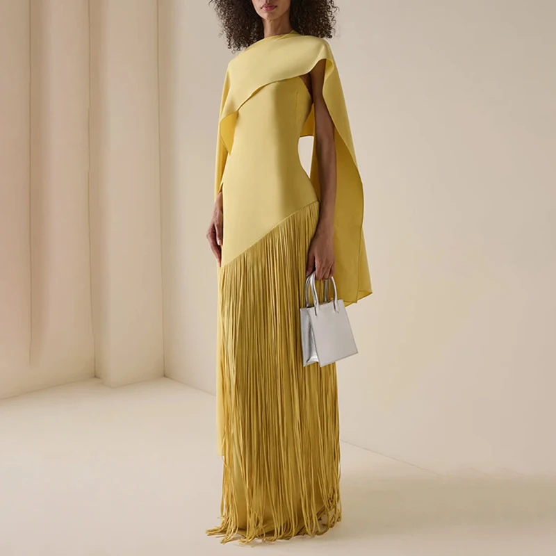 Dames eenvoudige feestjurk, mode-jurk met O-hals, hoge taille, kwastjeszoom en sjaal, elegante effen kleur, mouwloze banketjurk