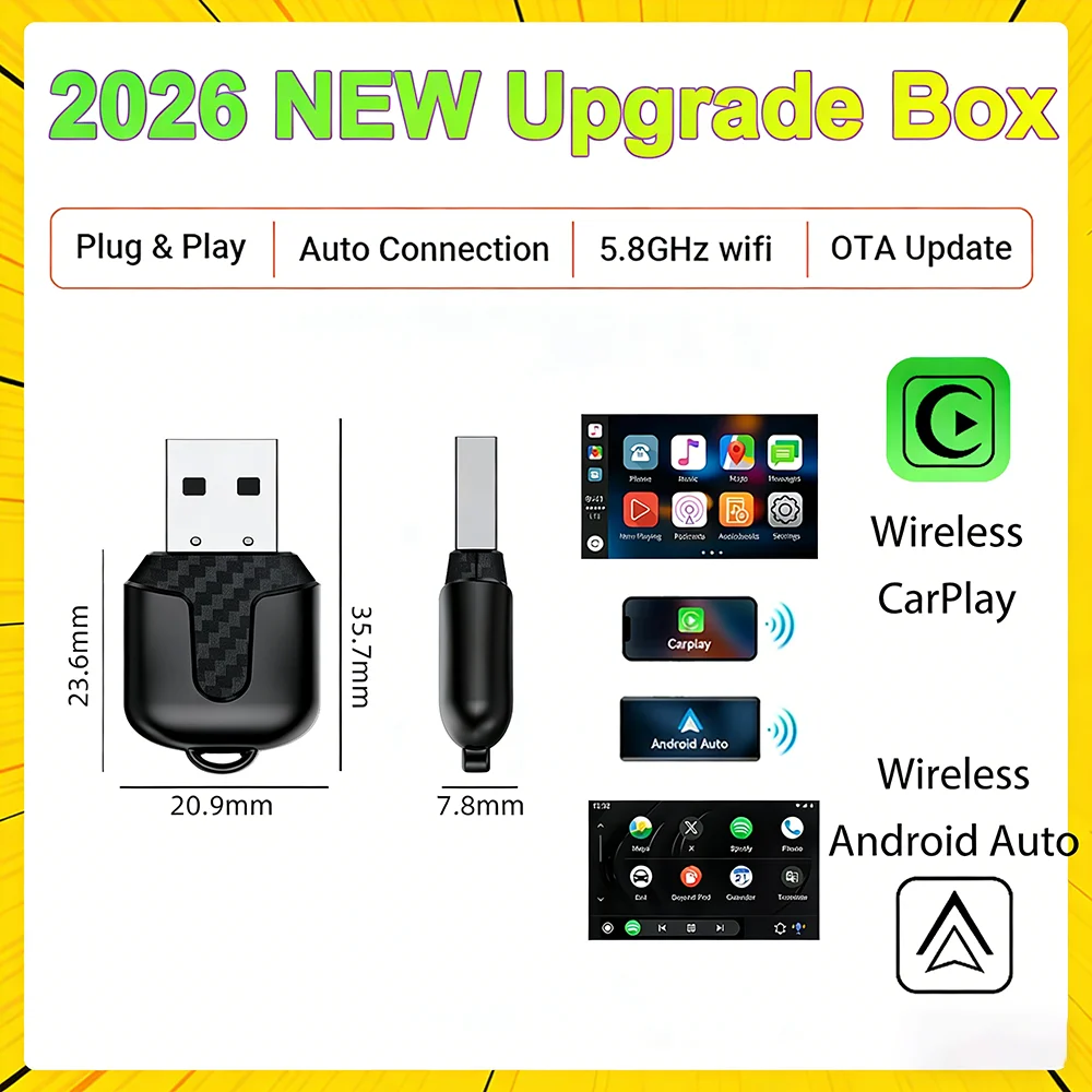 2 in 1 Wireless CarPlay Android Auto Adapter Smart Mini Box for Factory Wired Car, Wireless CarPlay Android Auto Plug and Play