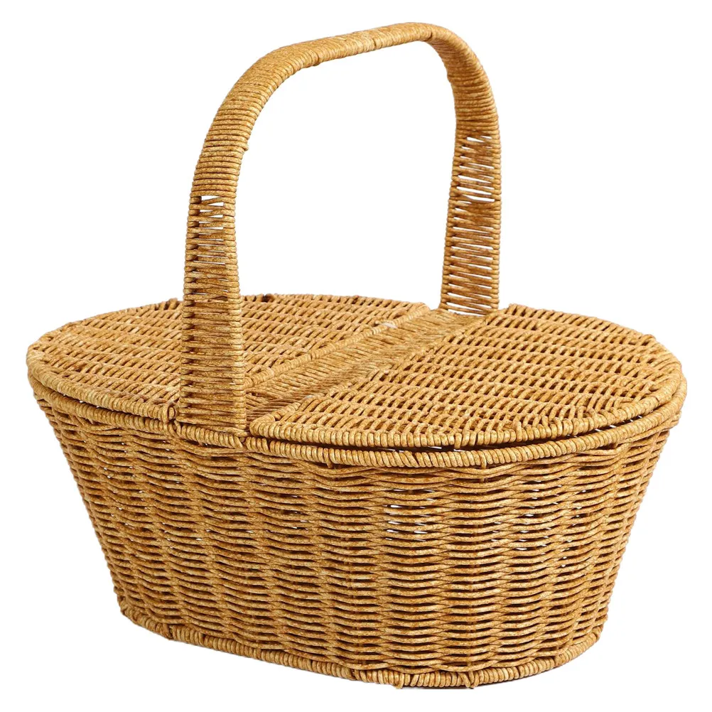Handwoven Imitation Rattan Picnic Basket Handled Storage Basket for Fruit Snacks Outdoor Camping Decorative Organizer