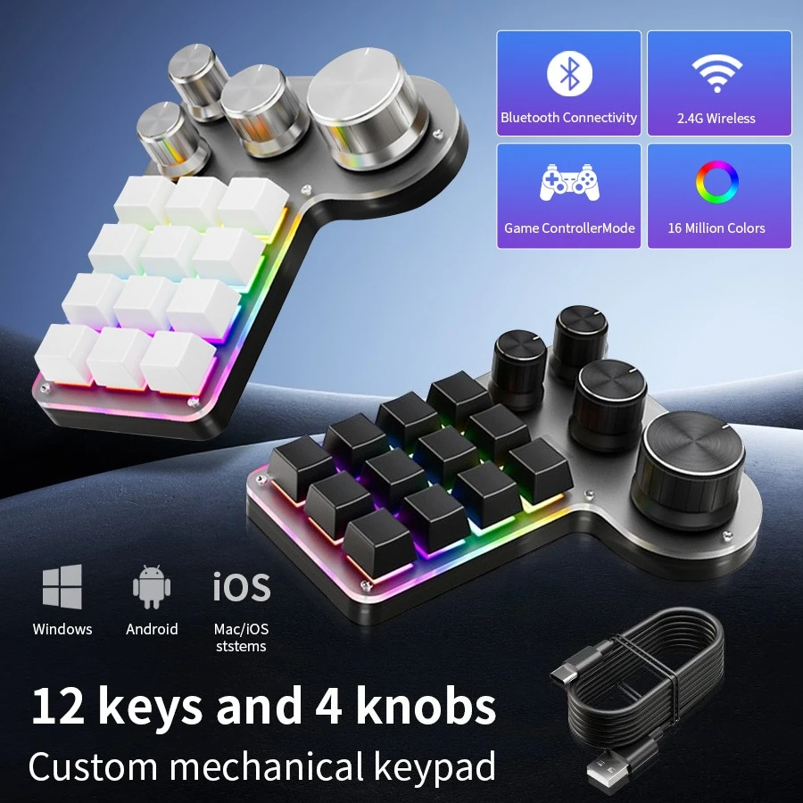 

12 Keys 4 Knobs Custom Mechanical Keyboard Bluetooth/Wired/3 Modes RGB Keyboards for Photoshop Gaming Keypad Hot-swap Macropad