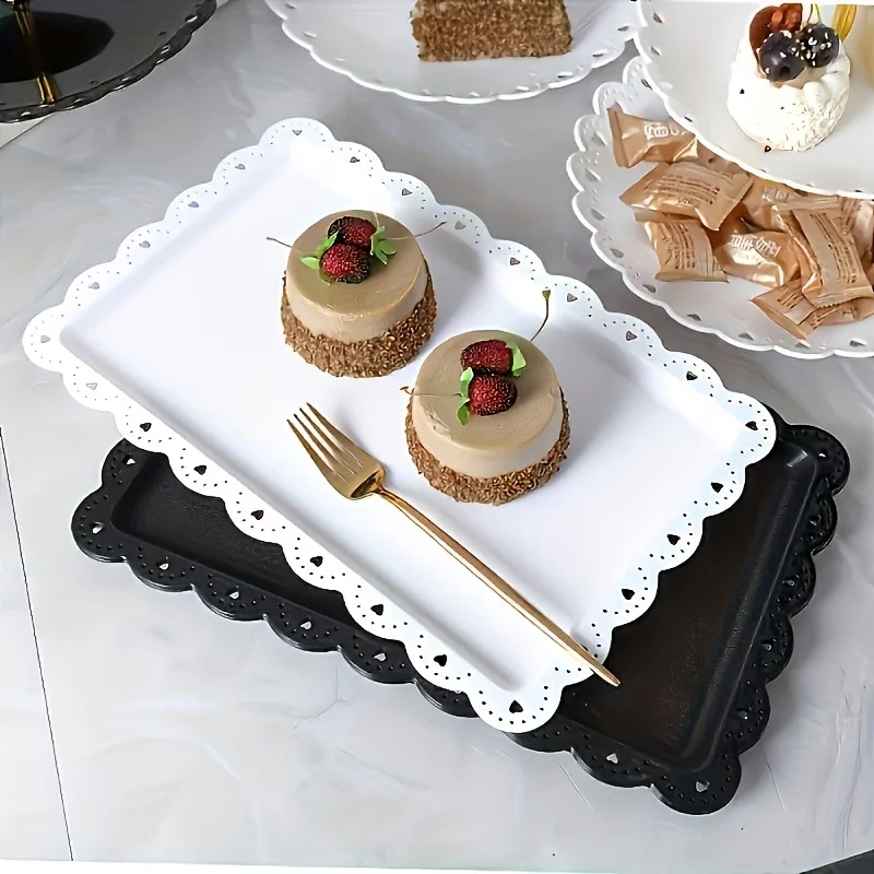 3-Piece High-Quality Plastic Cake Holder with Heart-Shaped Hollowed-Out Edge Design. Comprises a Square Cake Rack and a Tray.