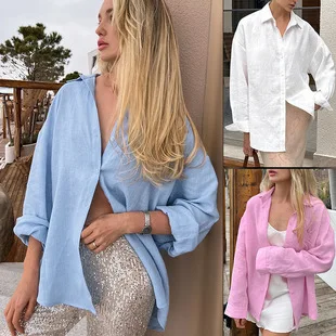 2025 Women's Oversize Shirt Long-sleeved Button Cardigan Pink Lapel Simple Korean Version White Top Blue Blouses for Female