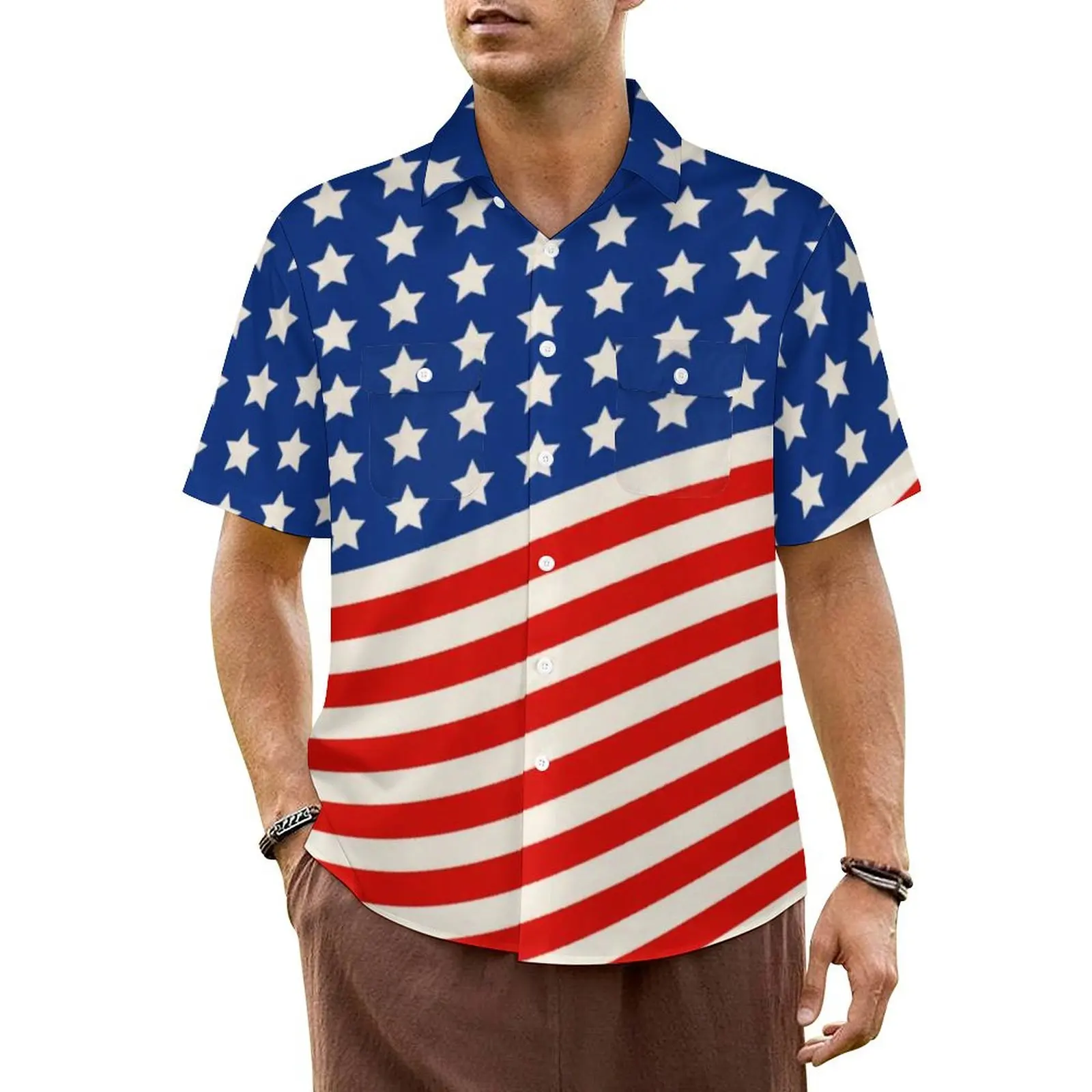 

American Flag Print Casual Shirt Stars and Stripes 4th of July Vintage Hawaiian Shirts Man Beach Streetwear Plus Size Blouses