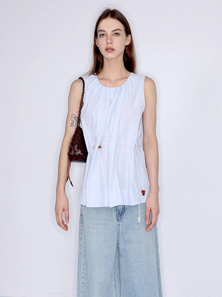 

JDE Blue Dstring Svel irt женский повседневный универсальный топ для похудения круглый из хлопка оригинальный дизайн