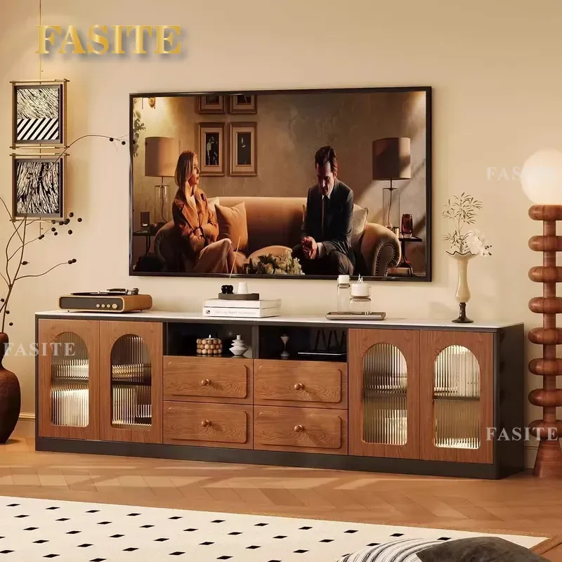 For Living Room Pure Solid Wood TV Cabinet Wall Mounted Floor Storage Locker Integrated Home Furniture Sofa Side Organizer