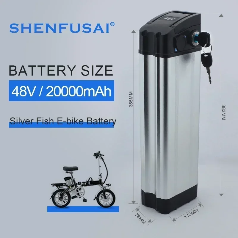 New Large Capacity Whitebait Bicycle Battery 36V48V20AH BMS350W, 500W, 750W + Charger