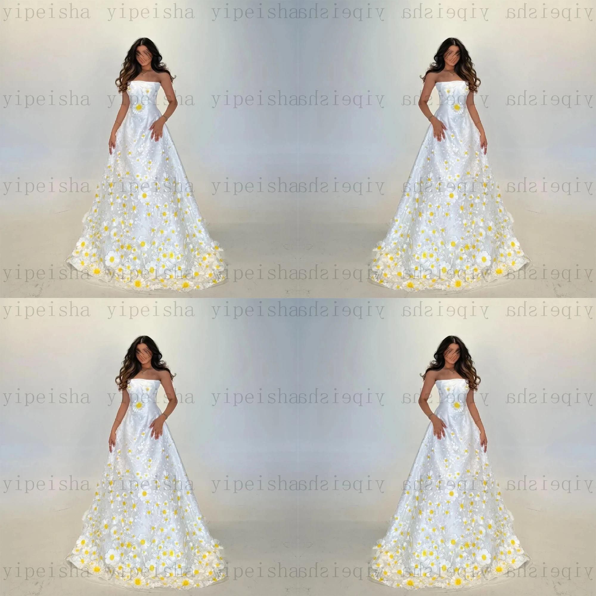 

Customized Strapless Evening Dresses Backless 3D Flowers Appliques Sleeveless A-Line Prom Gown Modern Long Lace Party Dress