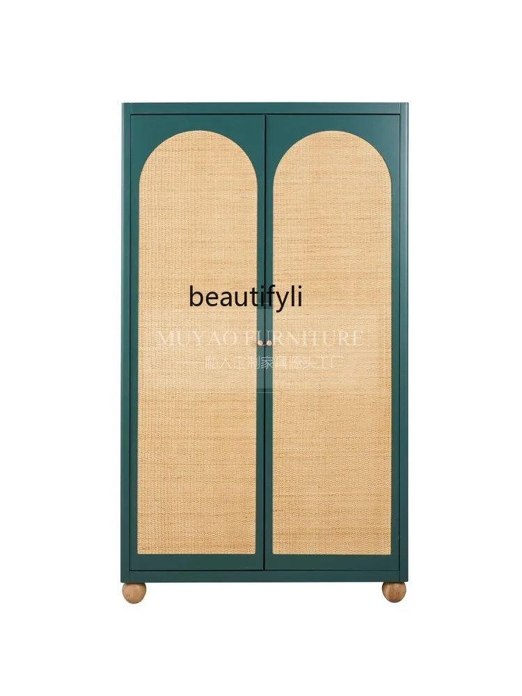 

French retro solid wood wardrobe modern minimalist home bedroom arched rattan wardrobe