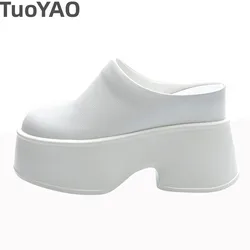 Height Increasing Ladies 11cm Genuine Leather Pumps Fashion Platform Wedge White Slippers New Women Slip on Casual Females Shoes