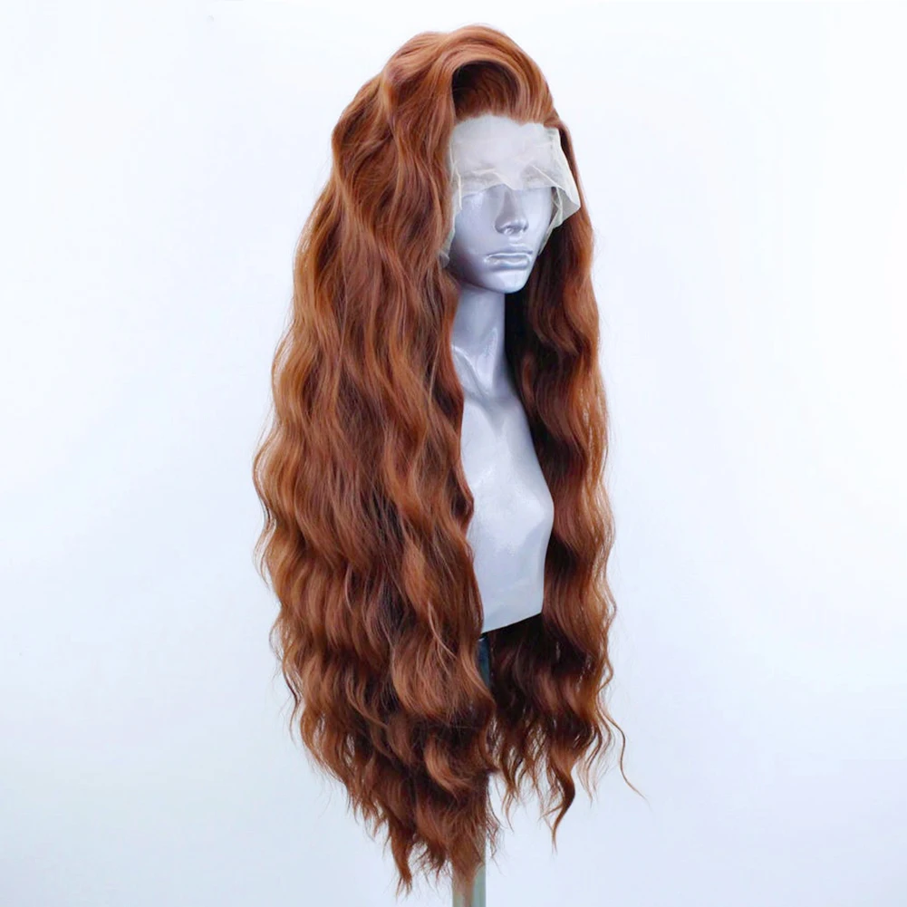 AIMEYA Wig sintetis berenda depan untuk wanita rambut palsu alami rambut sintetis berenda Wig coklat panjang Wig Cosplay digunakan terlebih dahulu