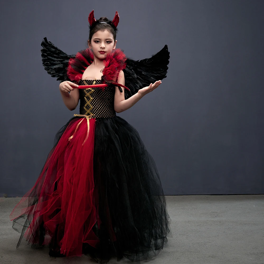 Little Girls Gothic Vampiress Costume Evil Queen Gown Tutu Dress for Halloween Cosplay Party Clothing Kids Fancy Dress Up Outfit