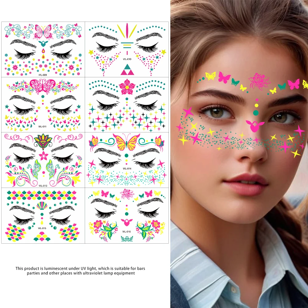 1 szt. Fluorescencyjne naklejki na twarz motyla Luminous syrenka kwiaty twarz tymczasowe naklejki z tatuażami świecące w nocy makijaż naklejka NL