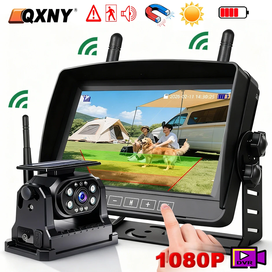 HD Wireless Solar Energy DVR Recording 7 Inch Monitor Rear View Backup Camera Reversing Cam Dual for Camper/Truck/Trailer/RV/Bus