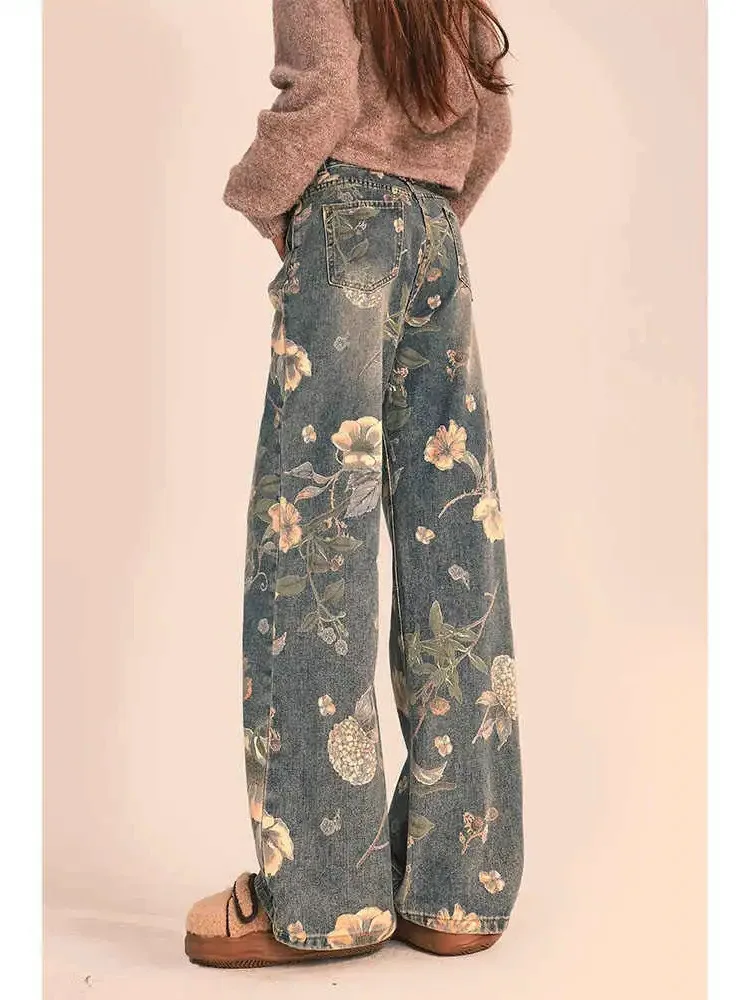 HOUZHOU-pantalones vaqueros con estampado Floral para mujer, Jeans de cintura alta Harajuku, ropa de calle informal holgada Retro, Y2K