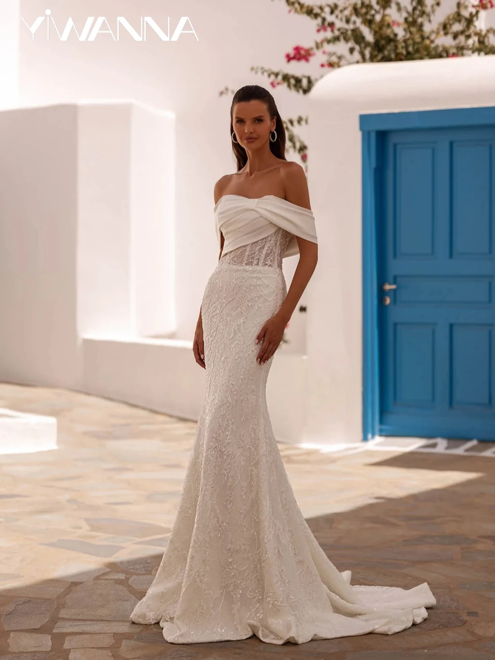 

New Luxury Beaded Lace Mermaid Long Wedding Dress Detachable Sleeve Strapless Bridal Gown Customized Elegant Dresses For Bride