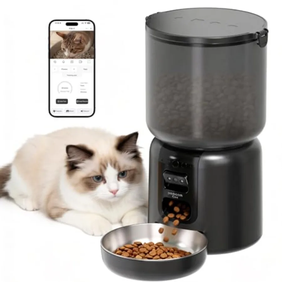 

Indoor automatic cat feeder with camera for healthy feeding: 5G WiFi timed dispenser, 4L clog-free design, 1080P HD video with
