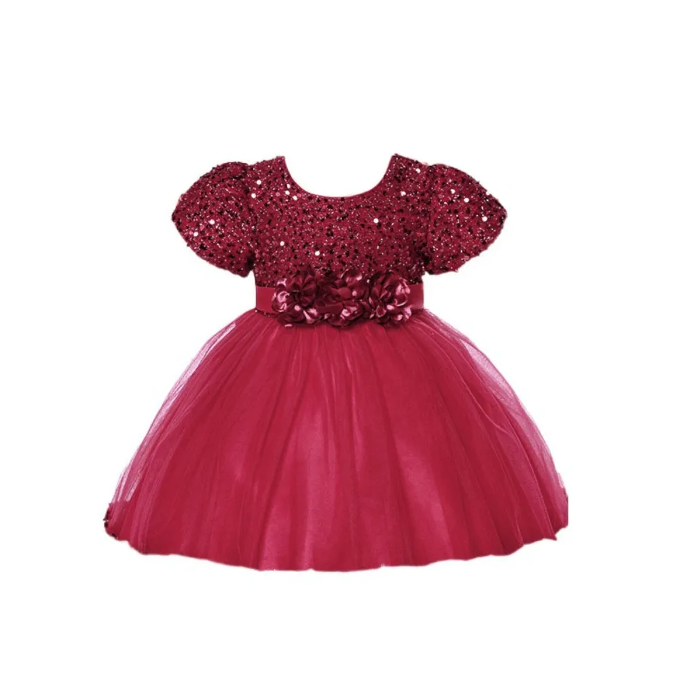 

Puff Sleeve Girls Princess Evening Dress Flower Bowknot Summer Lace Dress Shiny Glitter Sweet Party Dress Skirt Dancing Party