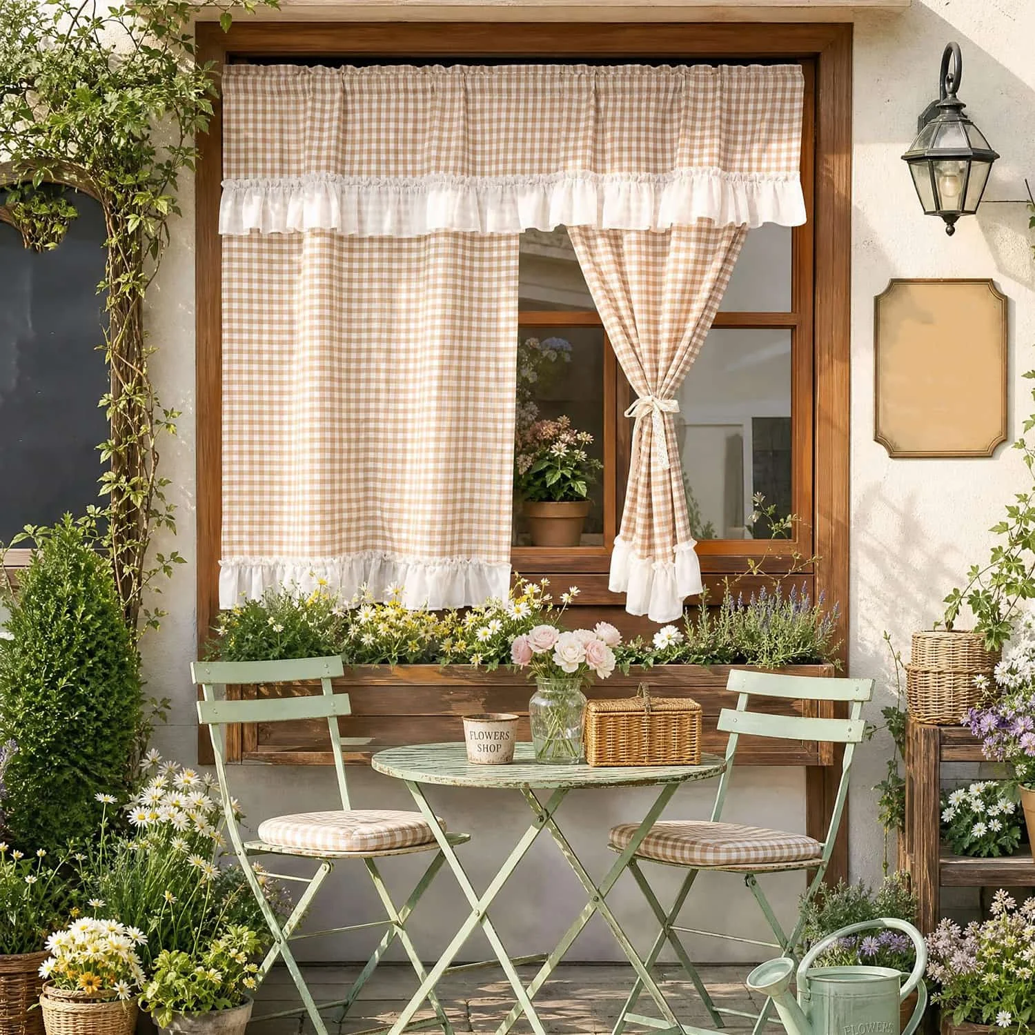 Country Plaid Ruffled Window Curtain Set, Easy Install Privacy Curtains for Vacation Home Kitchen Xmas Decoration