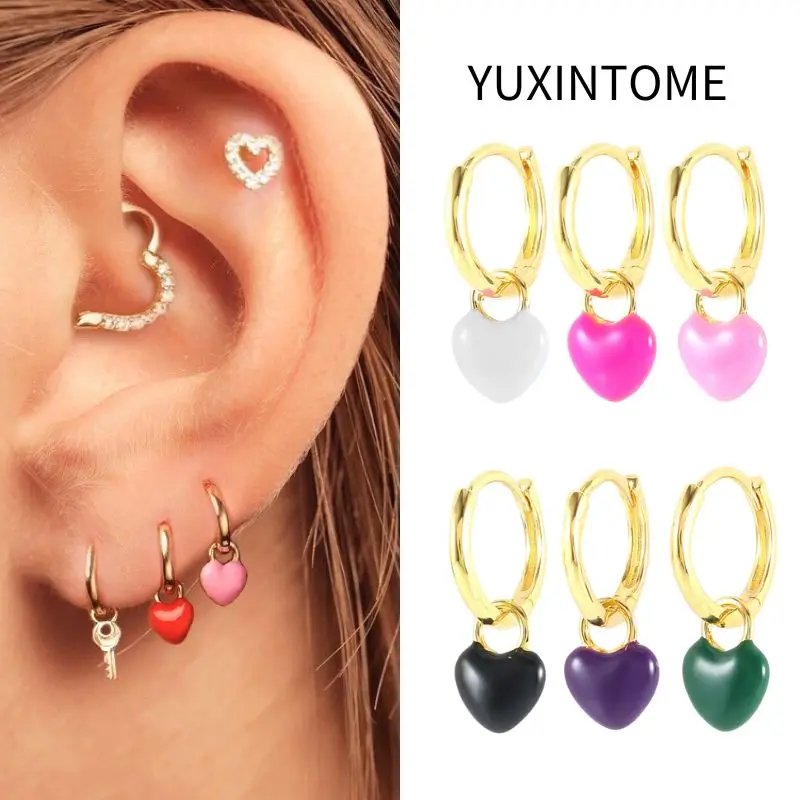 

925 Sterling Silver Needle Multicolor Heart Pendant Earrings Fashion Colorful Enamel Gold Earrings for women Luxury Jewelry