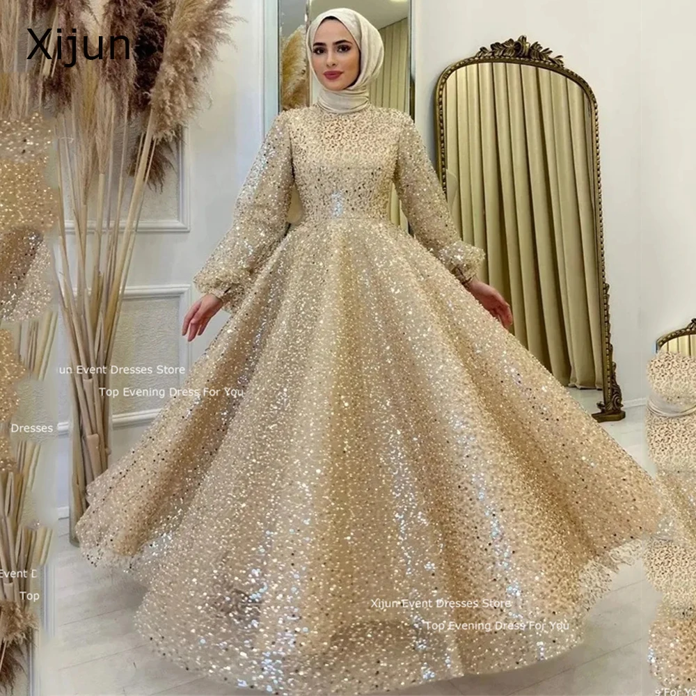 

Xijun Glitter Champagne Evening Dresses Muslim Sequin Long Sleeves Prom Dresses Formal High Neck Arabic Dubai Robe De Soiree