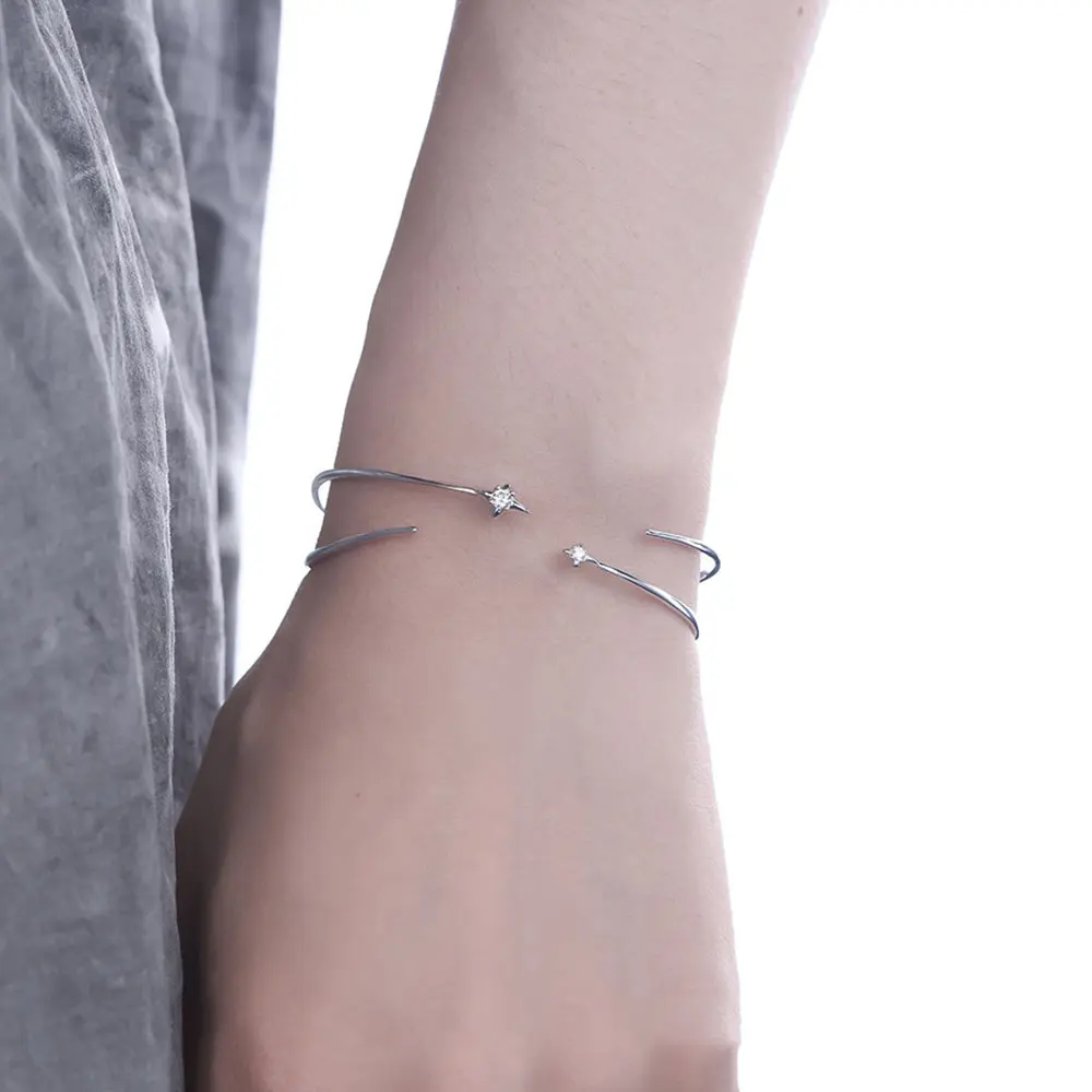 F.I.N.S Original S925 Sterling Silver Star Bracelet Simple Crossed Line Open Push Bangle Hypoallergenic Fine Jewelry Accessories