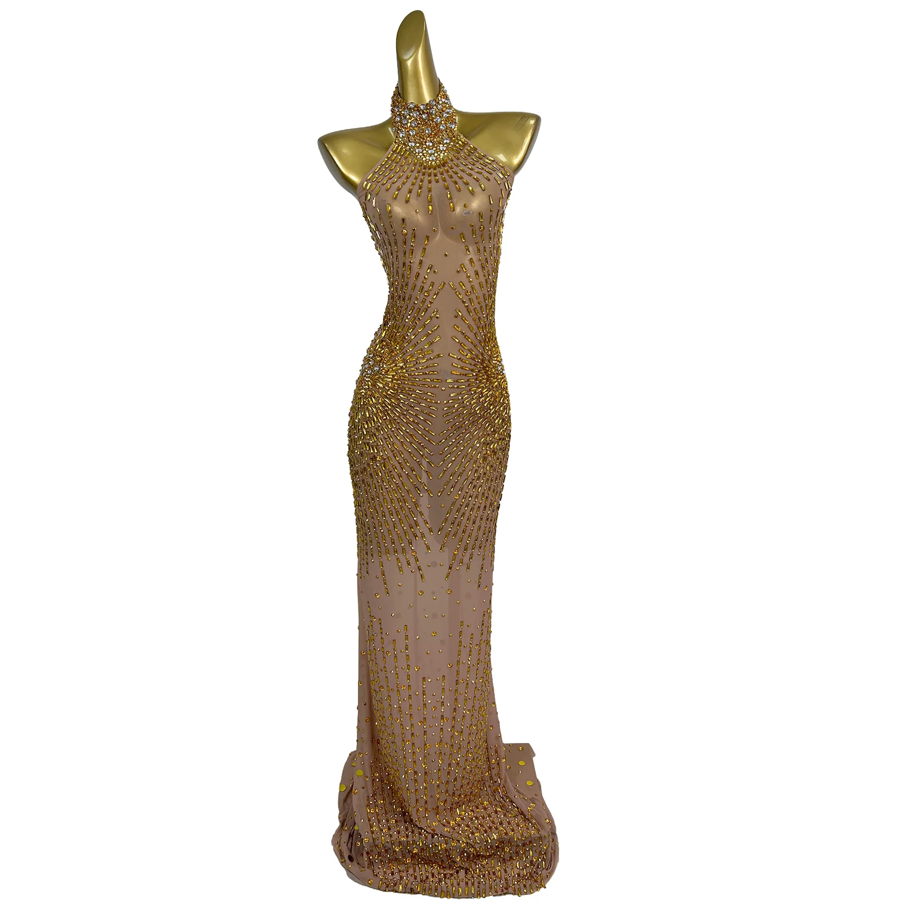 

Элегантное вечернее платье Xingguang для женщин: роскошное, с золотыми стразами, прозрачной сеткой и вырезом халтер, для свадьбы, дня рождения, выпускного вечера