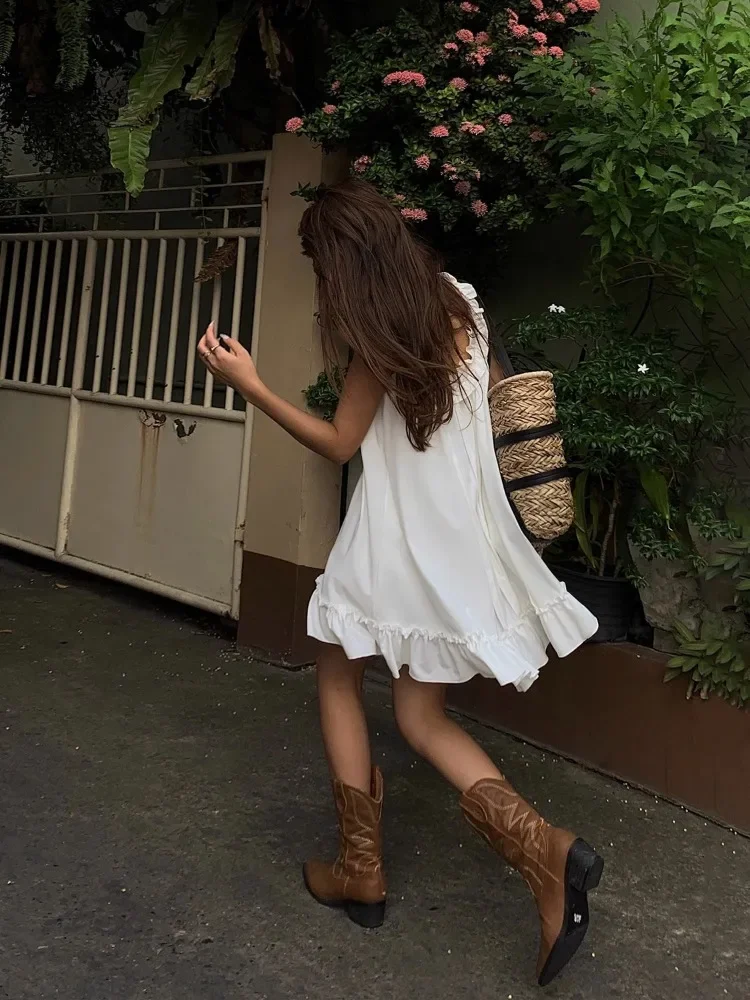 Deeptown Weißes ärmelloses Rüschen-Minikleid für Damen, lässig, Boho-Strand-Sommerkleid, süßes Mädchen-Hauskleid, lockeres Sommerkleid, Übergröße