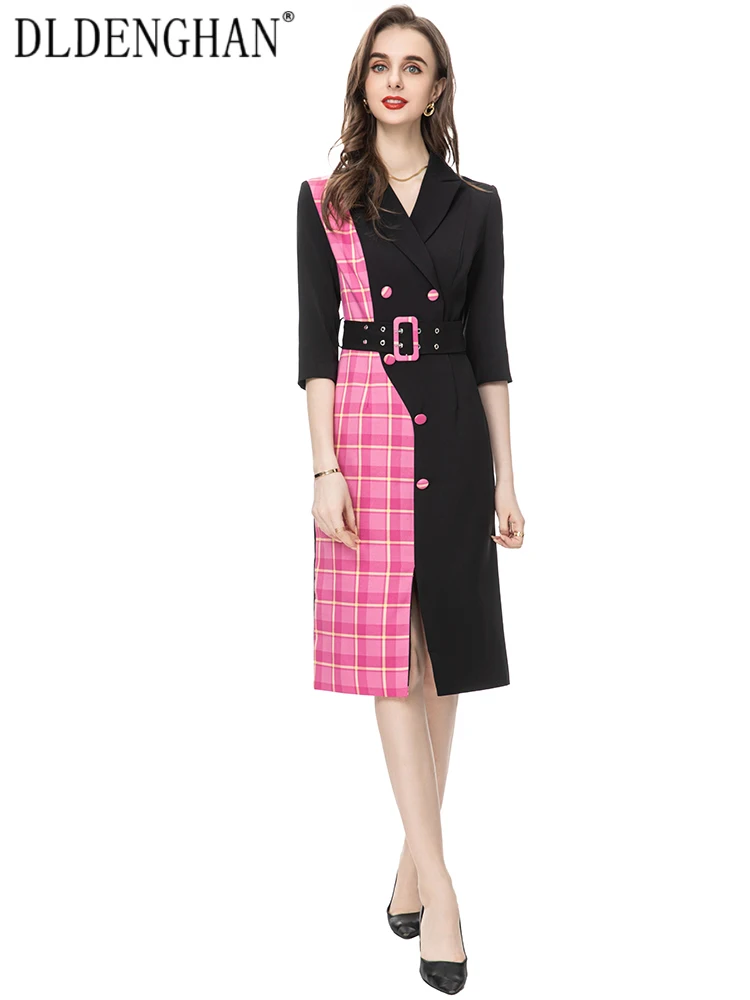 

DLDENGHAN Spring Pencil Dress Women Turn-down Collar Half Sleeve Sashes Plaid Print Office Lady Slit Dress Fashion Designer New