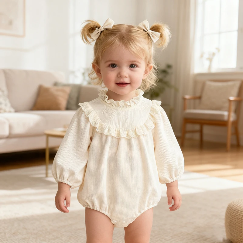 

Spring Autumn Newborn Baby Girls Romper Long Sleeved Lace Splicing Infant Baby Jumpsuit 0-24M Baby Girls Triangle Sweet Jumpsuit