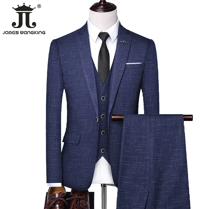 ( Jacket + Vest + Pants ) Groom Wedding Dress Business Casual Plaid Suit 3Piece Mens Formal Workwear Social Ball Slim Fit Tuxedo