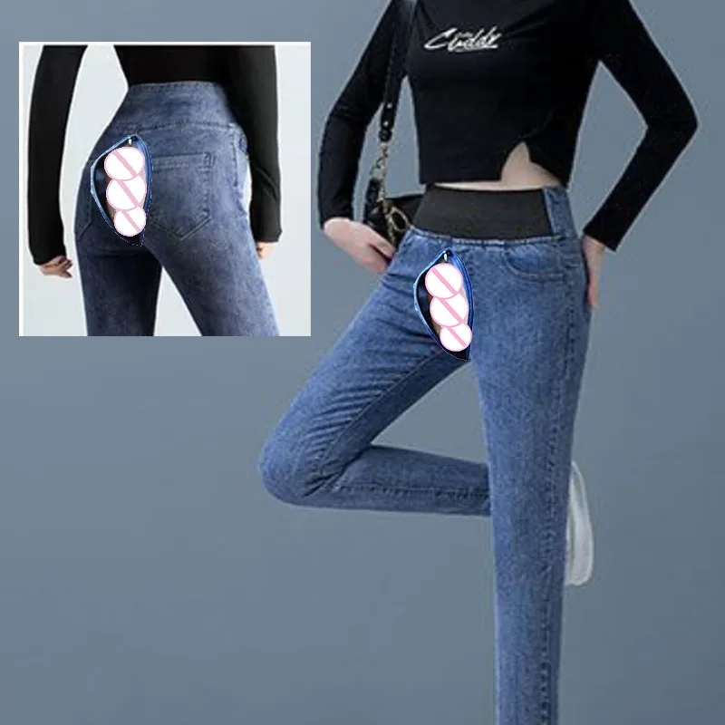 

Женские джинсы с высокой талией, уличные сексуальные брюки с открытой промежностью, бархатные зимние теплые брюки, джинсовые пикантные леггинсы в стиле бойфренда для йоги, большие размеры