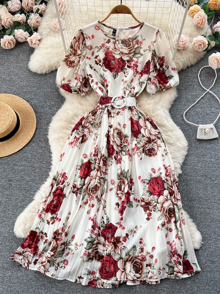 Summer Bohemian Women Floral Print Pleated Midi Dress Elegant Round Neck Puff Sleeve High Waist A-Line Draped Beach Vestidos New