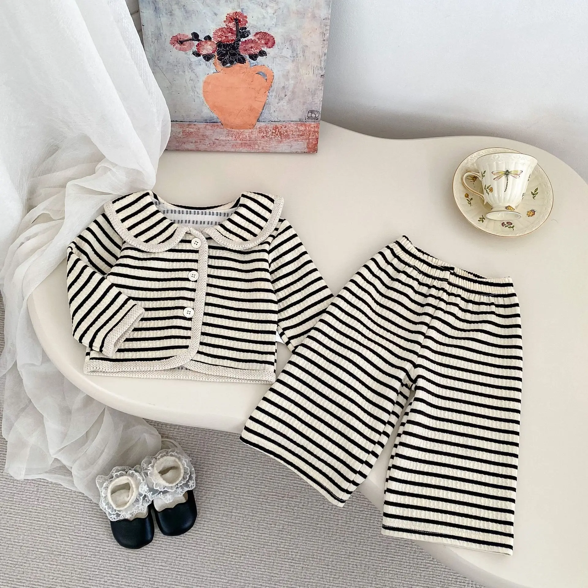 2025 Spring New Girls' Striped Suit Long-sleeved Coat+Wide-leg Pant Girl's Two-piece Suit  Baby Clothing Set