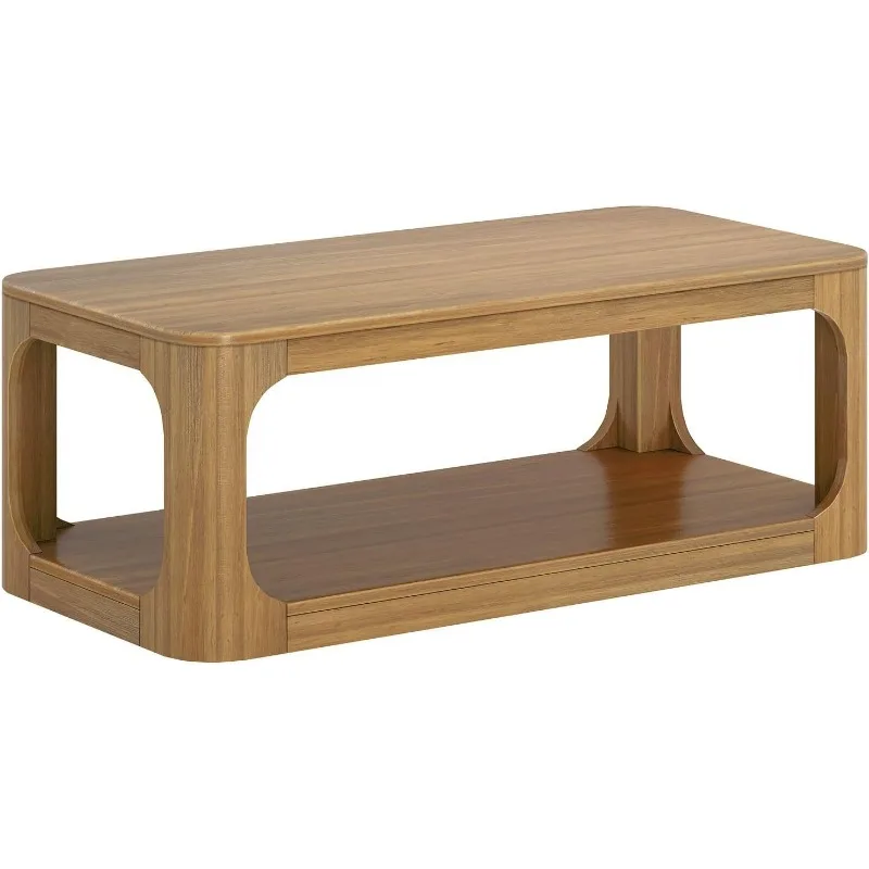 

Coffee Table, Solid Wood 48 Inch Modern Coffee Table with Shelf, Rectangle Tea Table with Storage, Pecan