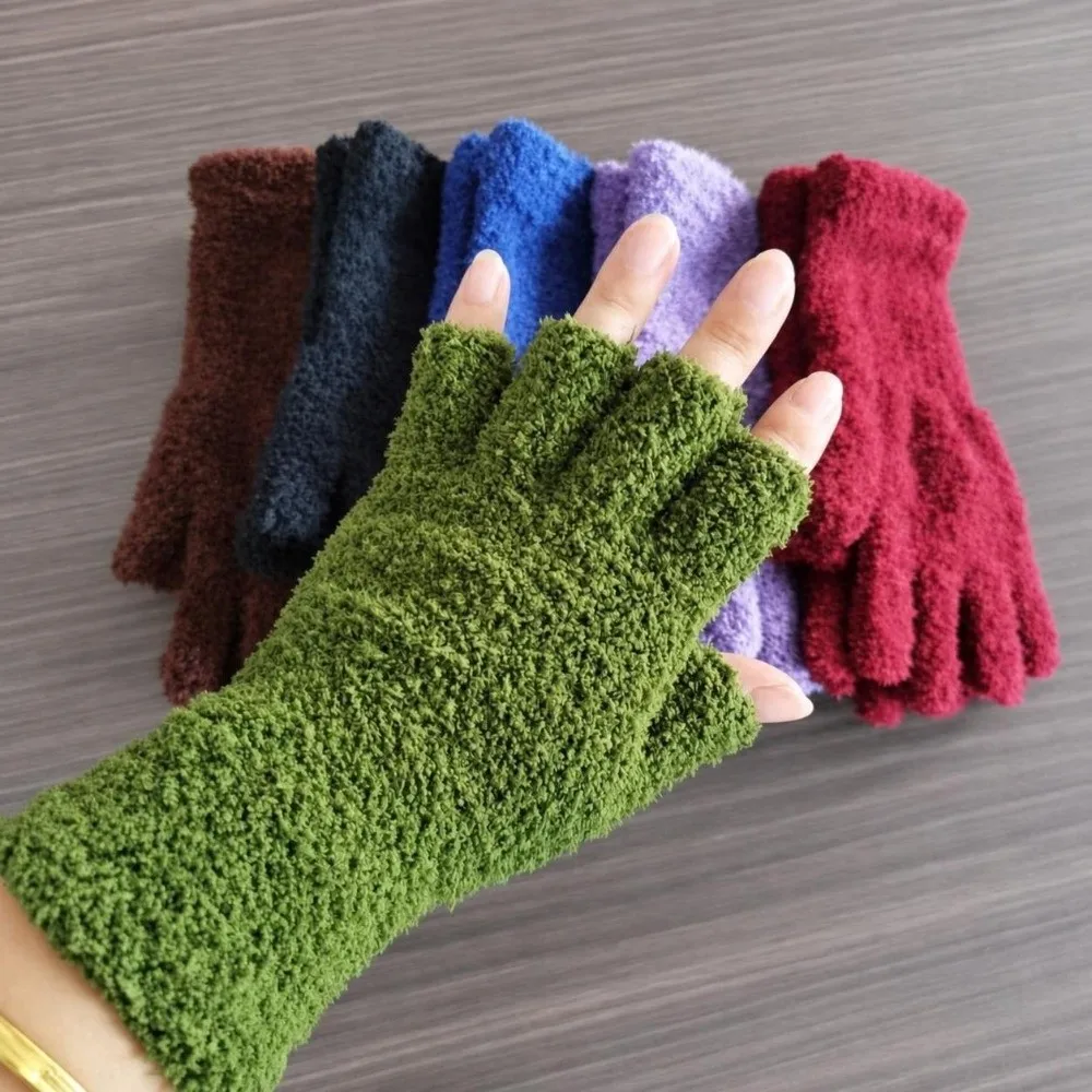 Soft Solid Color Fingerless Gloves Thicken Coral Fleece Half Finger Mittens Finger Openings Writing Gloves Winter