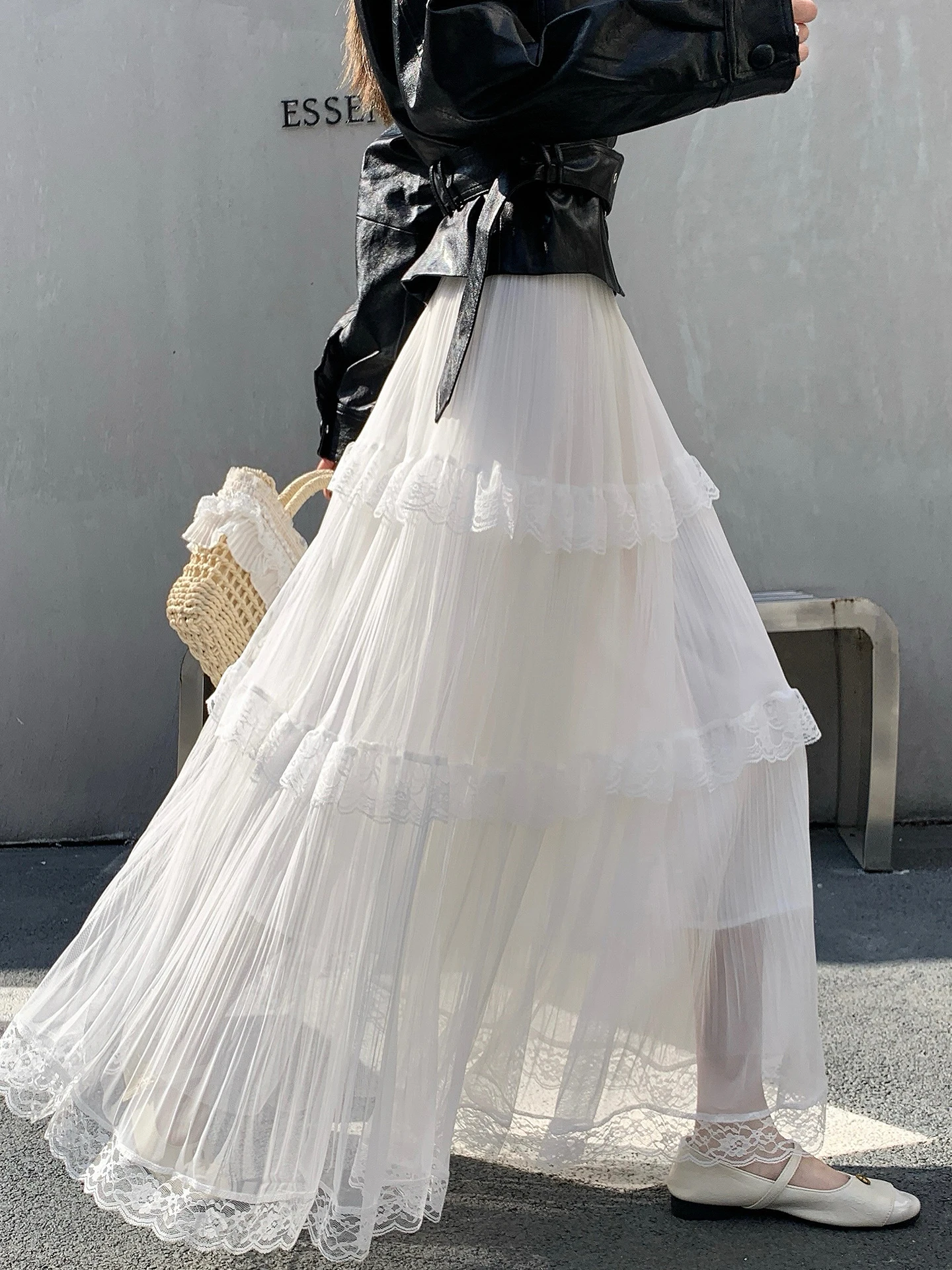 

Белая кружевная юбка с вставками, женская, с высокой талией, стройнящая, драпированная, повседневная, А-силуэт, пышная, многоярусная, длинная юбка, весенняя коллекция