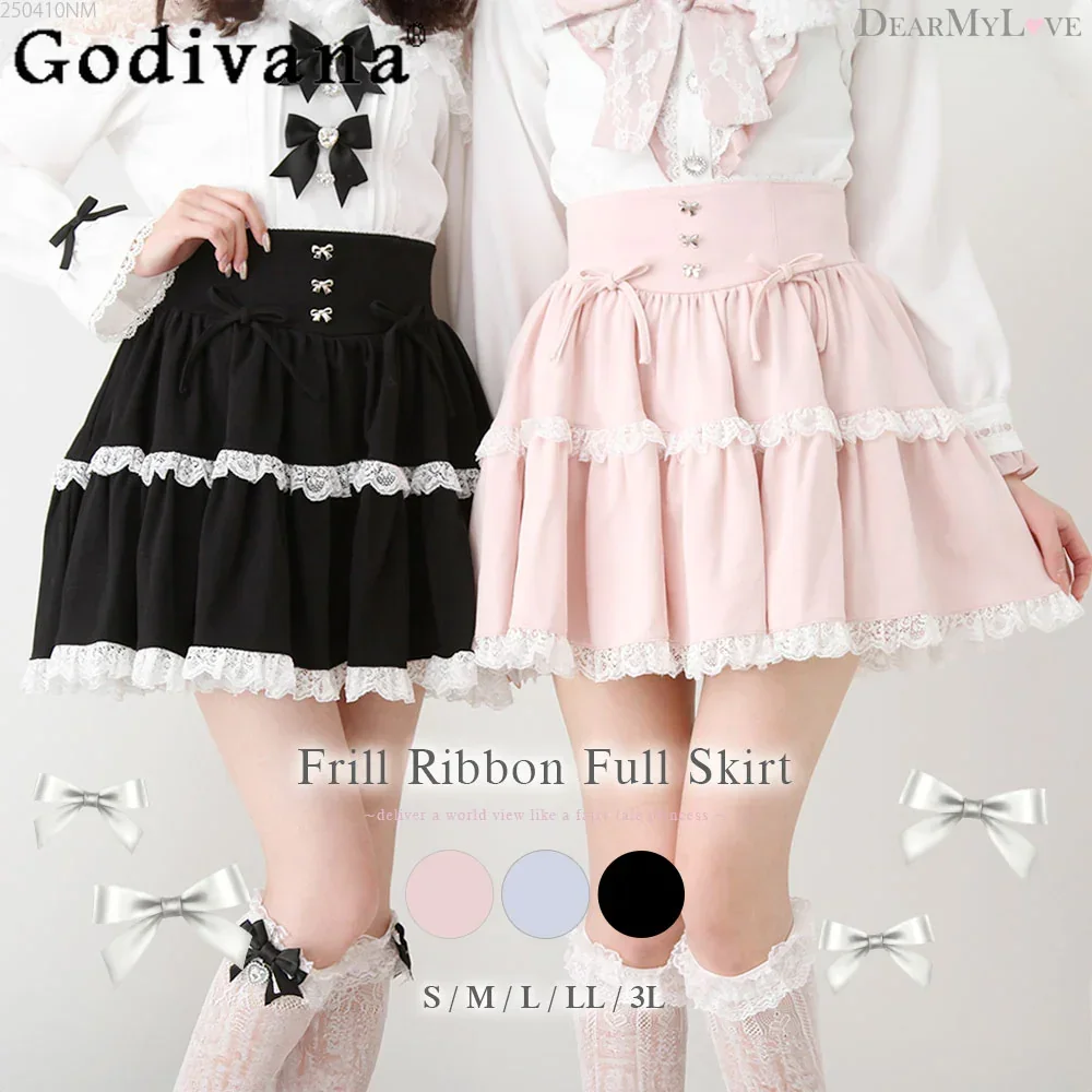 

2025 Japanese Spring and Summer Sweet Cute Skirt Female Mine Lolita Puffy Cake Skirts Women's Elastic Waist Lace Edge Bow Skirt