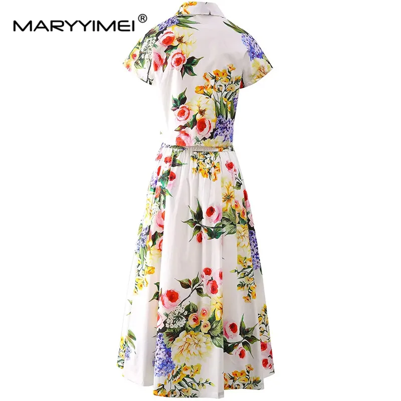 MARYYIMEI Fashion Women's New Shirt Collar Short-Sleeved Single-Breasted Printed Shirt Top+Elegant  A-Line Half Skirt Two-Piece