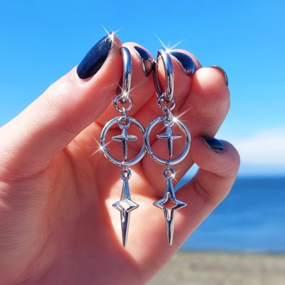 Y2K Grunge Star Drop Hoop Earrings, Silver Cross Star Dangle Earrings, Punk Gothic Jewelry for Women, Ideal for Streetwea